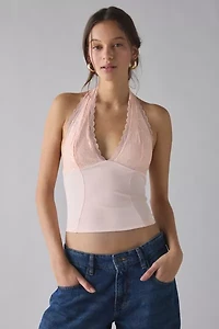 UO Luna Mixed Lace Trim Plunge Halter Top