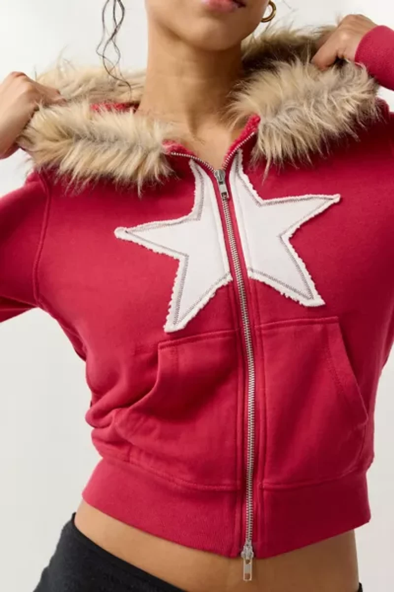 Out From Under Bundle Up Faux Fur Trim Zip-Up Hoodie Sweatshirt