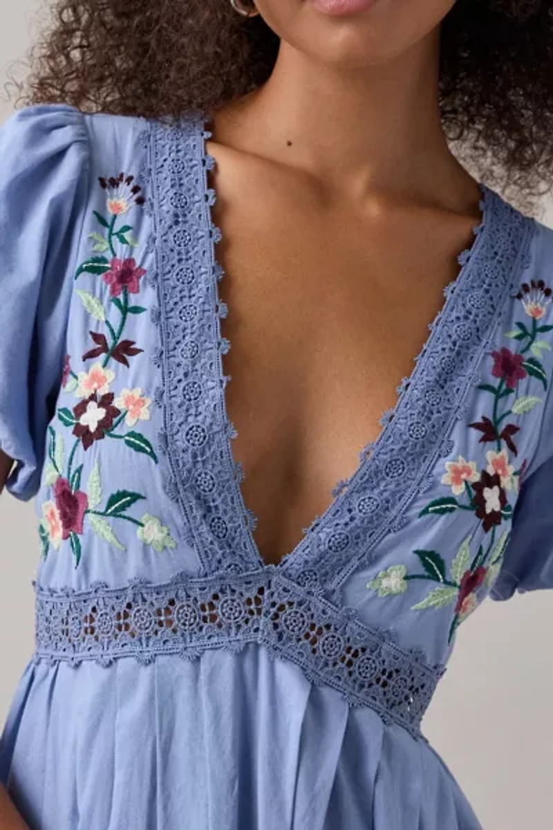 Kimchi Blue Flower Fields Embroidered Lace Trim Babydoll Mini Dress