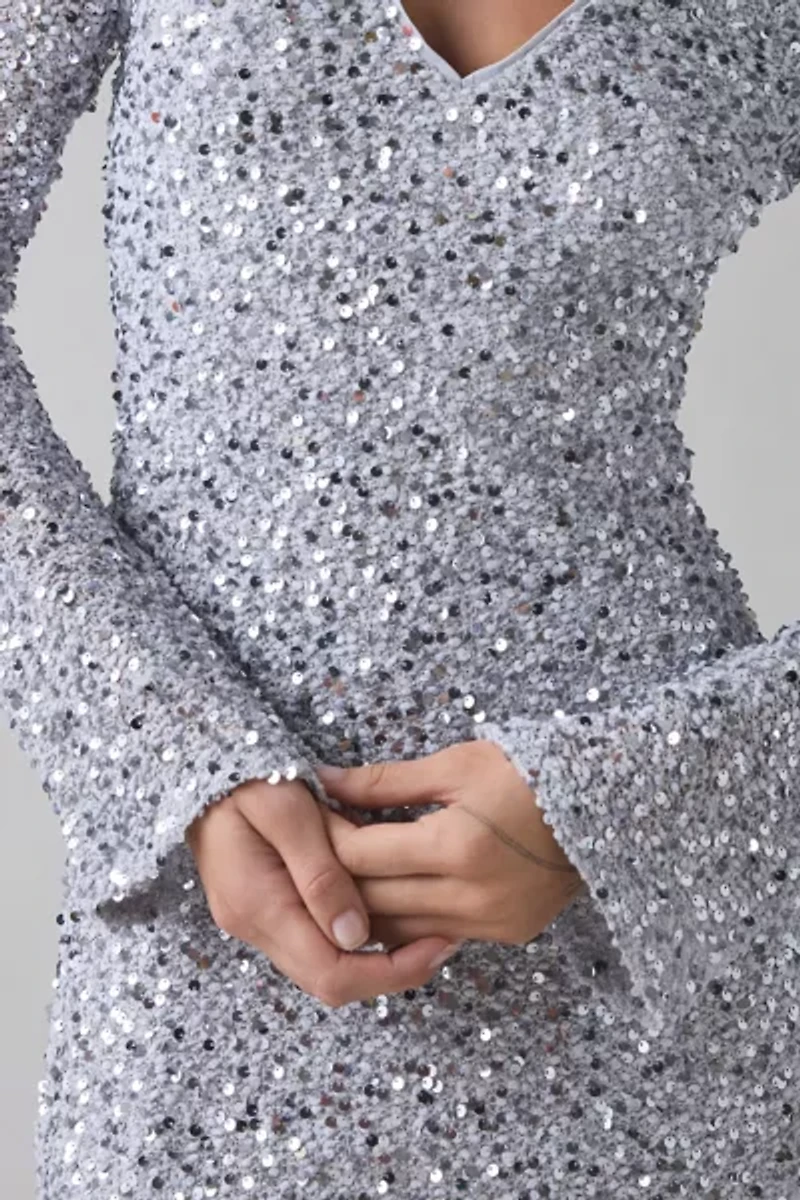 UO That’s Showbiz Open Back Bell Sleeve Sequin Mini Dress
