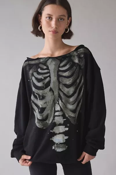 BDG Jessa Skeleton Graphic Off-The-Shoulder Pullover