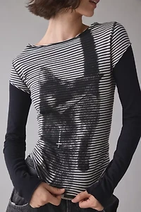 Silence + Noise Sloane Black Cat Graphic Twofer Long Sleeve Tee