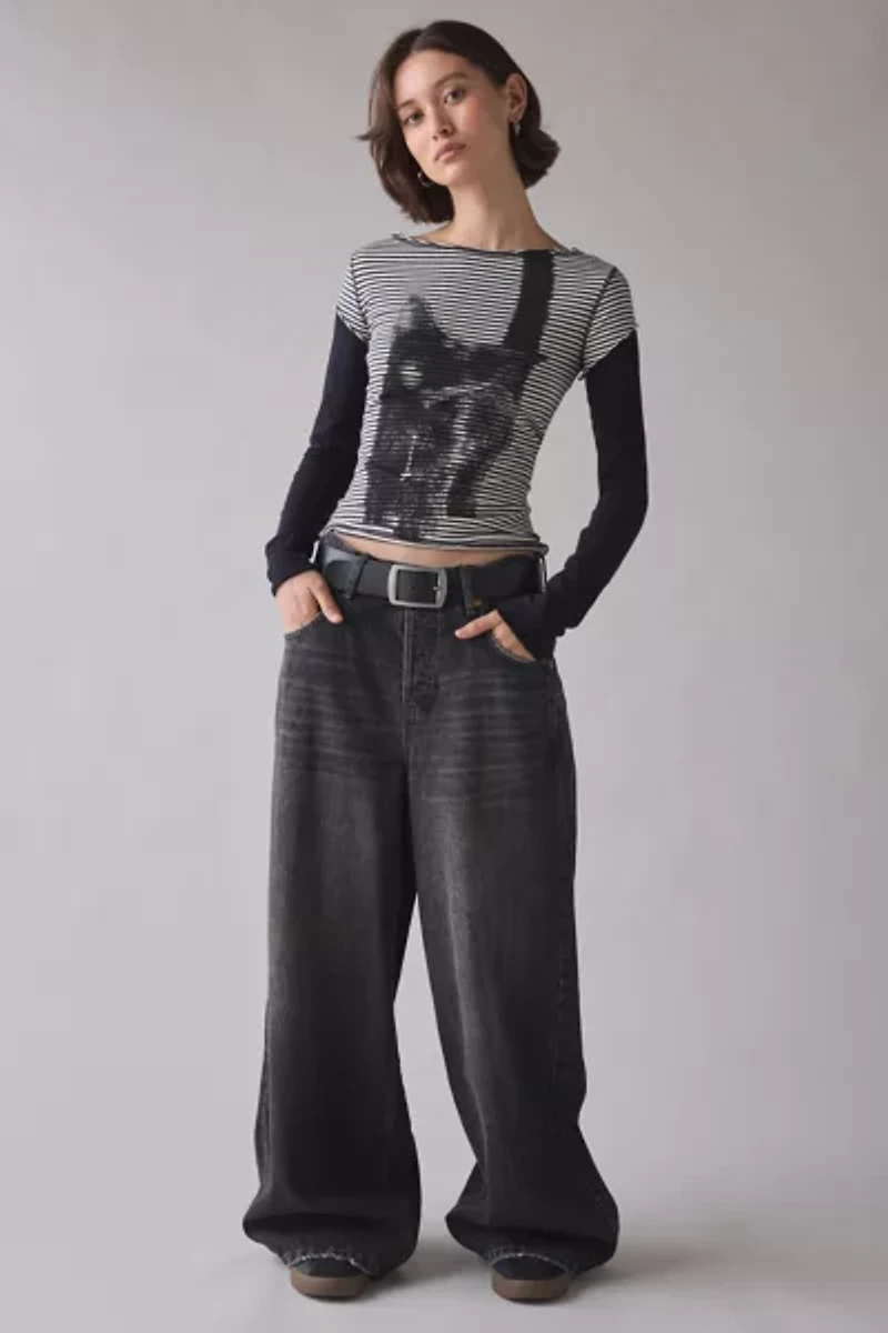 Silence + Noise Sloane Black Cat Graphic Twofer Long Sleeve Tee