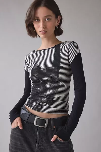 Silence + Noise Sloane Black Cat Graphic Twofer Long Sleeve Tee