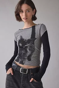 Silence + Noise Sloane Black Cat Graphic Twofer Long Sleeve Tee