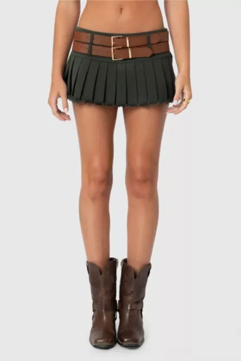 Edikted Double Belt Pleated Denim Mini Skort