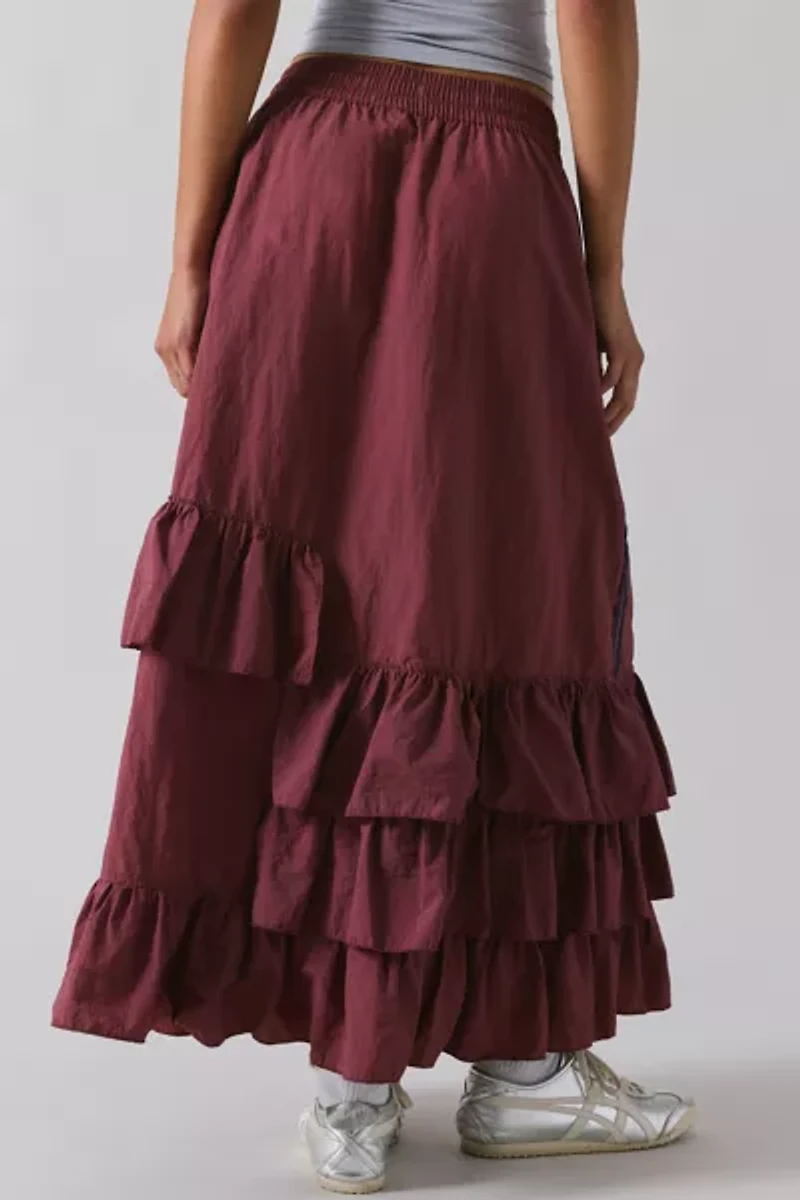 BDG Track Angel Tiered Ruffle Nylon Maxi Skirt