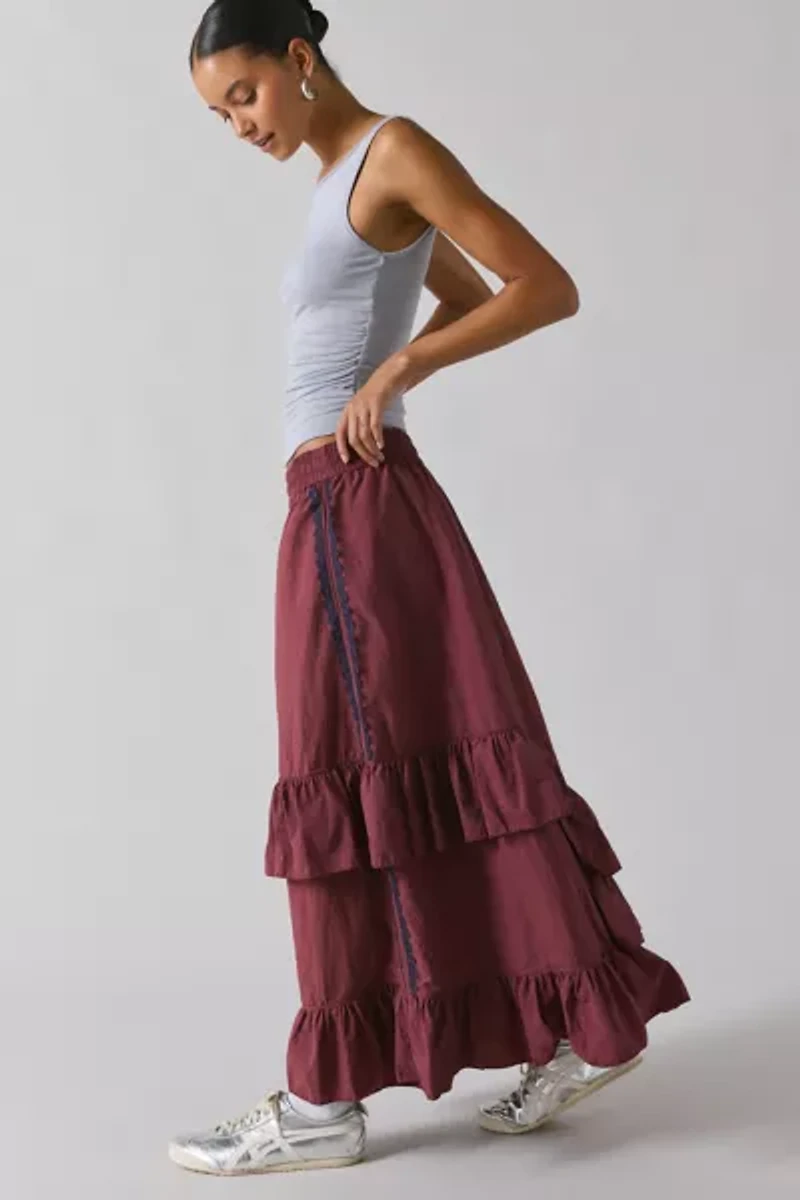 BDG Track Angel Tiered Ruffle Nylon Maxi Skirt
