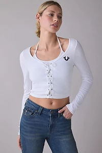 True Religion Lace-Up Front Layered Rib Long Sleeve Top