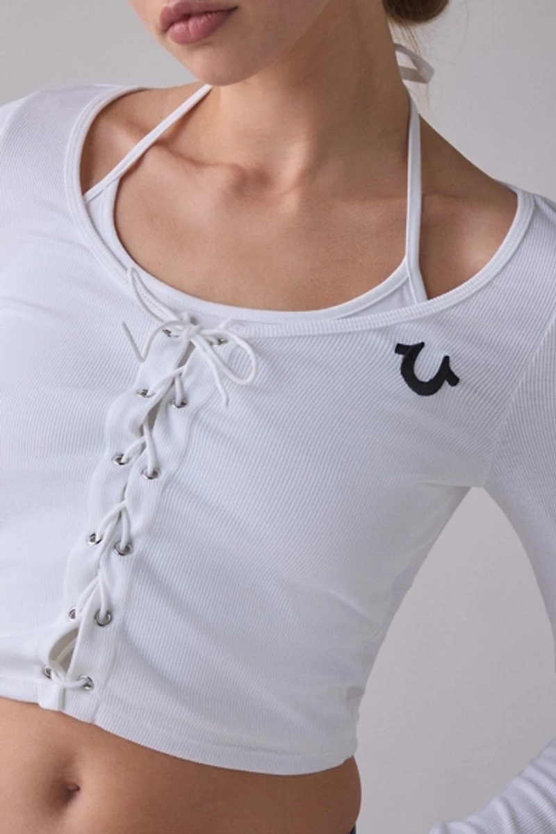 True Religion Lace-Up Front Layered Rib Long Sleeve Top