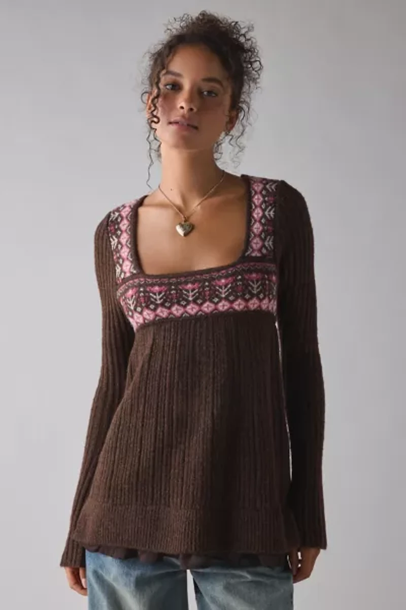 Kimchi Blue Hannah Printed Ruffle Trim Babydoll Sweater