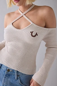 True Religion Horseshoe Lurex Crisscross Strap Off-The-Shoulder Sweater