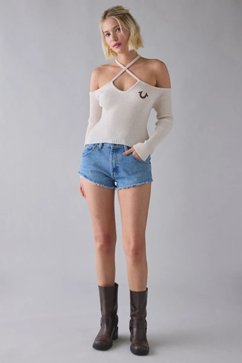 True Religion Horseshoe Lurex Crisscross Strap Off-The-Shoulder Sweater