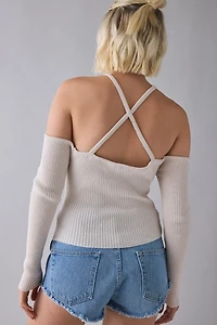 True Religion Horseshoe Lurex Crisscross Strap Off-The-Shoulder Sweater