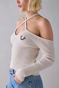 True Religion Horseshoe Lurex Crisscross Strap Off-The-Shoulder Sweater