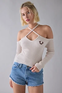 True Religion Horseshoe Lurex Crisscross Strap Off-The-Shoulder Sweater