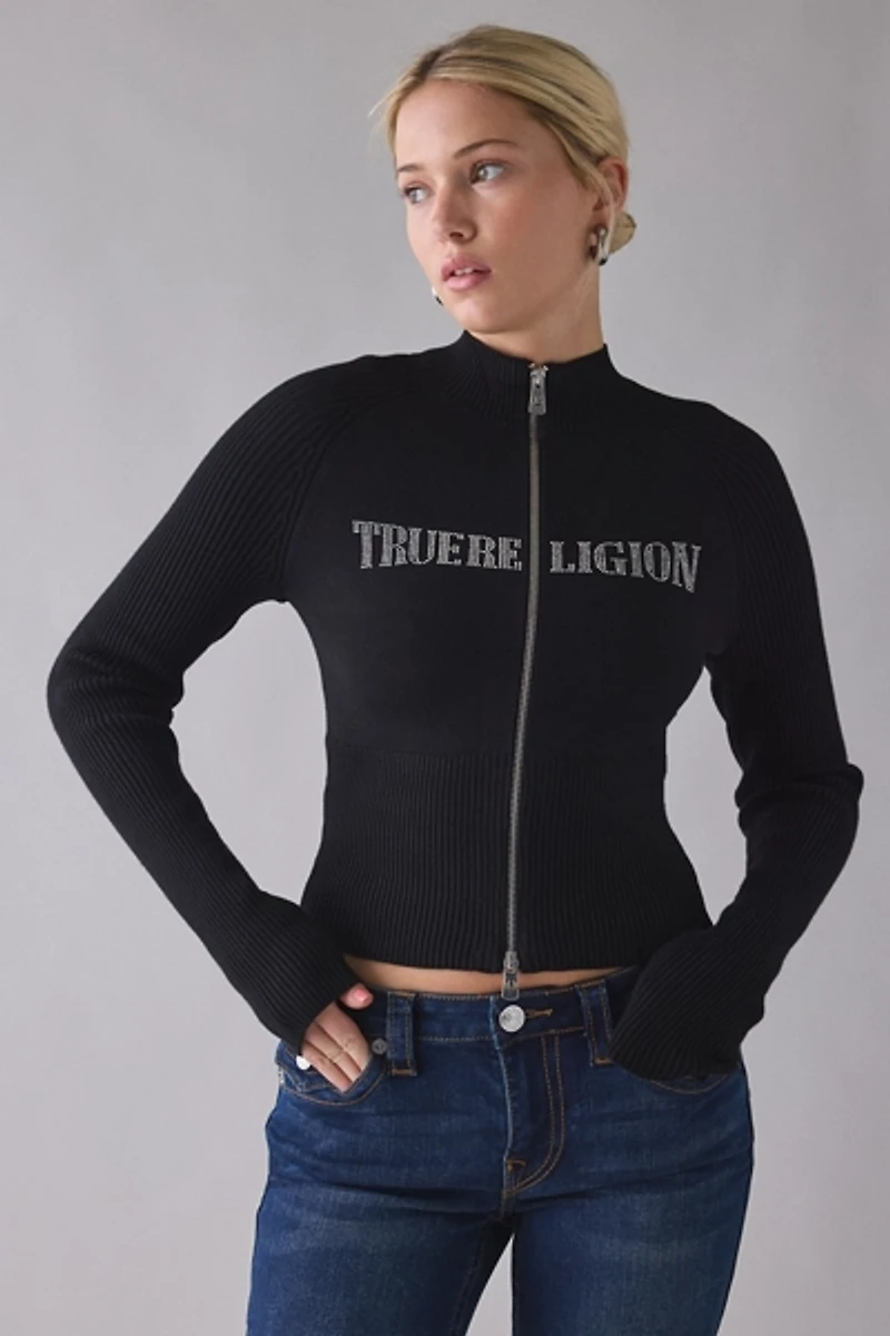 True Religion Crystal Graphic Turtleneck Zip-Up Sweater