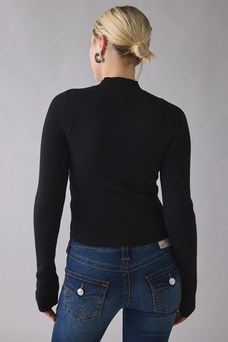 True Religion Crystal Graphic Turtleneck Zip-Up Sweater