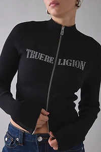True Religion Crystal Graphic Turtleneck Zip-Up Sweater