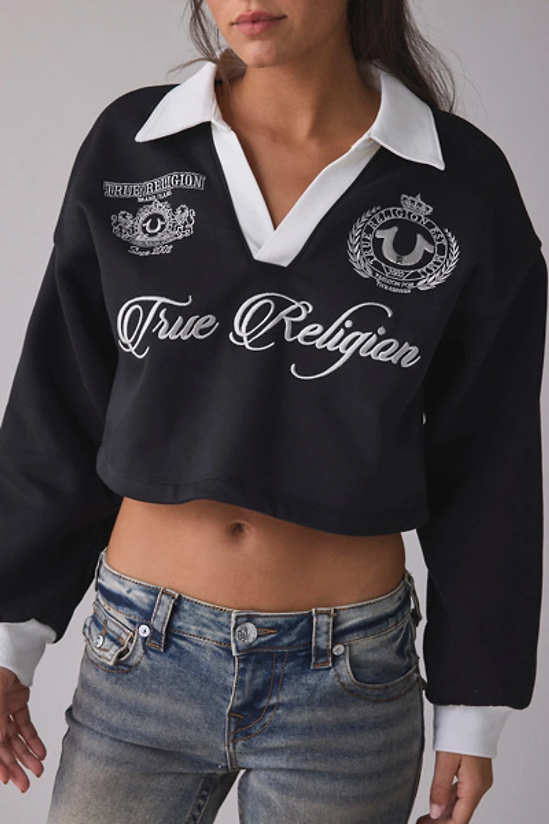 True Religion Embroidered Graphic Shrunken Polo Pullover