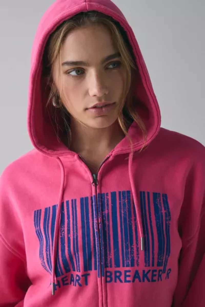 BDG Dusty Heart Breaker Barcode Graphic Oversized Zip-Up Hoodie Sweatshirt