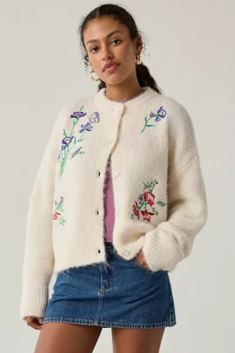 BDG Becca Embroidered Brushed Knit Oversized Cardigan