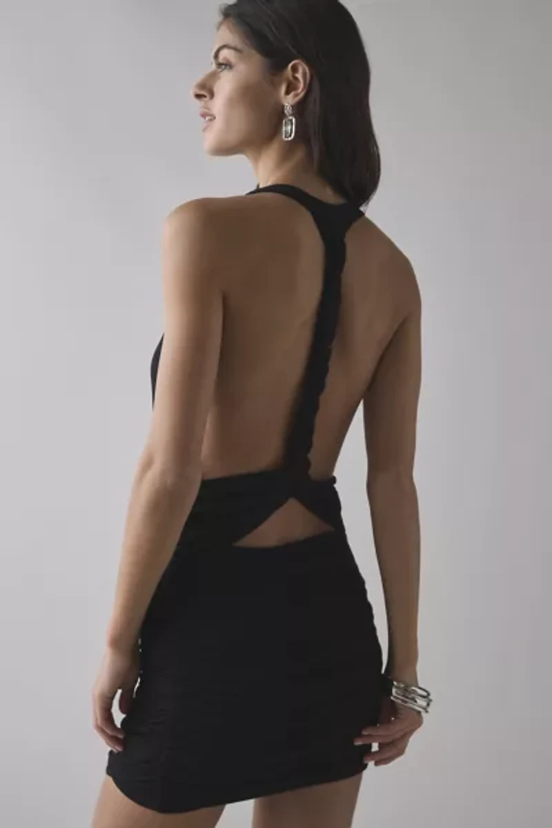 UO Backstage Cowl Twist-Back Cutout Mini Dress