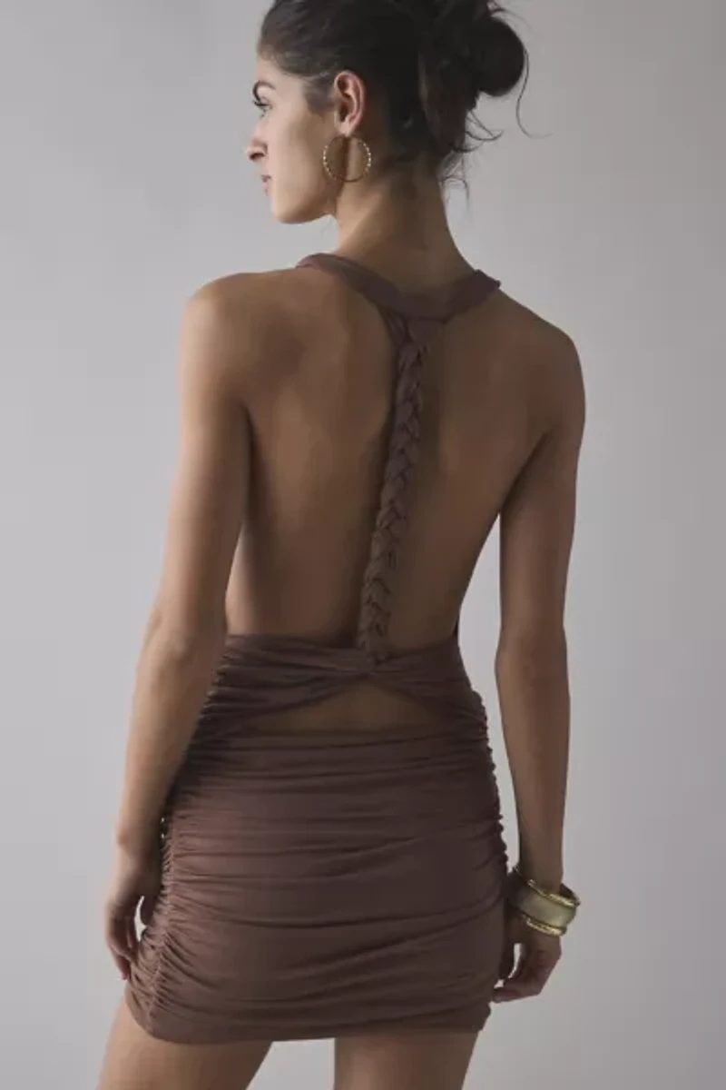 UO Backstage Cowl Twist-Back Cutout Mini Dress