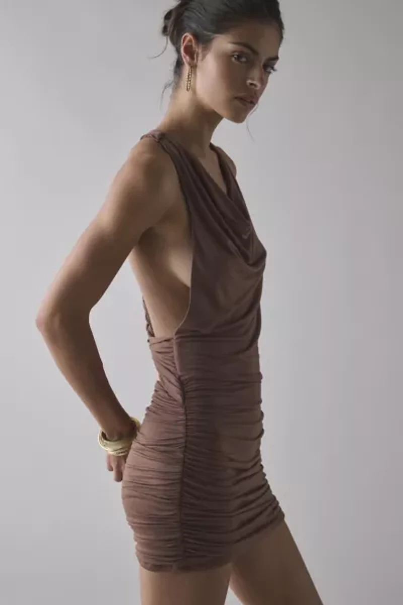 UO Backstage Cowl Twist-Back Cutout Mini Dress