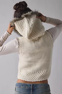 BDG Josephine Cable Knit Faux-Fur Trim Hooded Sweater Vest