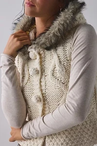 BDG Josephine Cable Knit Faux-Fur Trim Hooded Sweater Vest