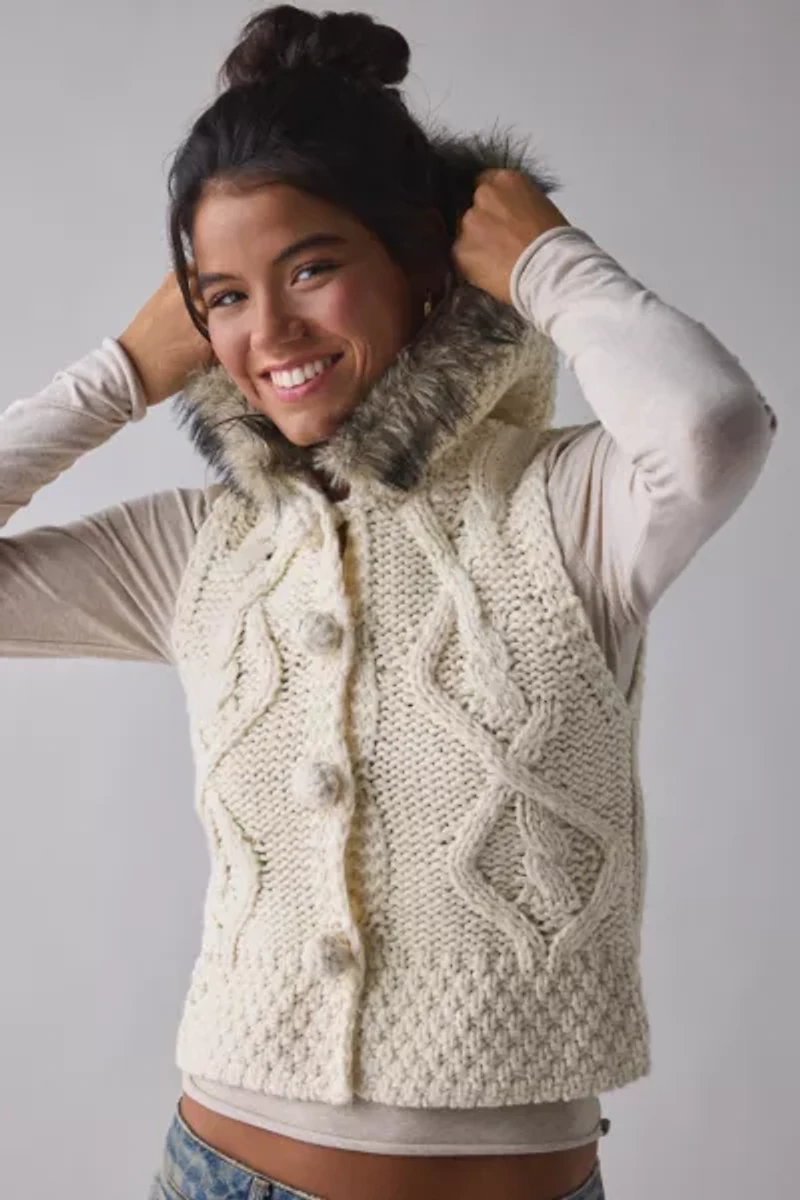 BDG Josephine Cable Knit Faux-Fur Trim Hooded Sweater Vest