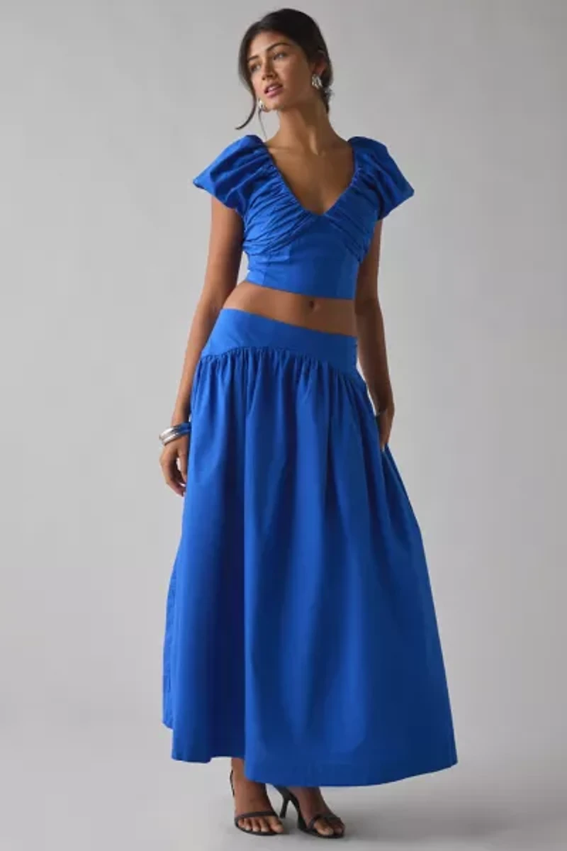 Sister Jane Blue Diary Ruched Puff Sleeve Crop Top