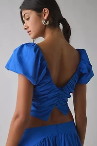 Sister Jane Blue Diary Ruched Puff Sleeve Crop Top