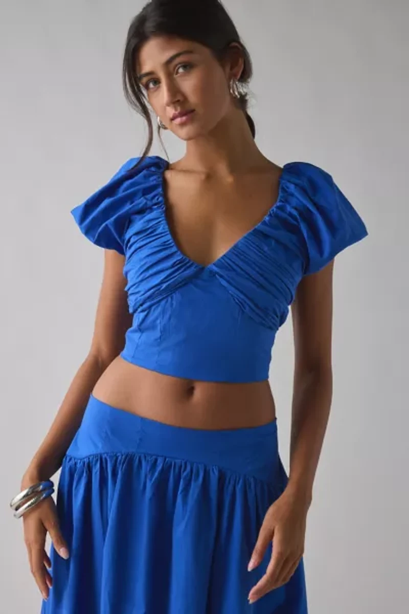 Sister Jane Blue Diary Ruched Puff Sleeve Crop Top