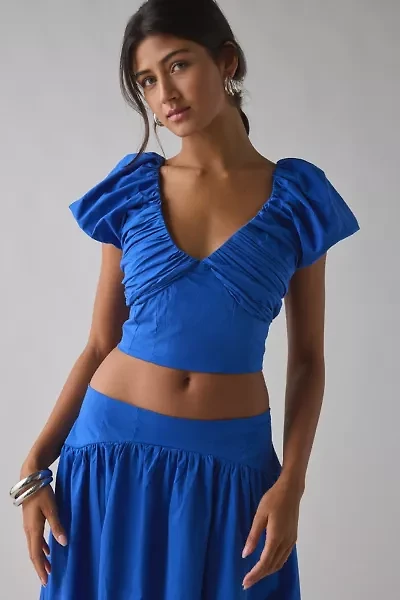 Sister Jane Blue Diary Ruched Puff Sleeve Crop Top