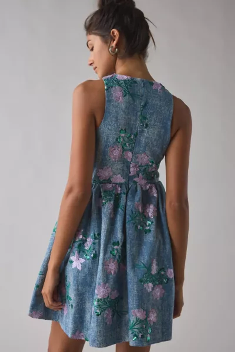 Sister Jane Azul Floral Sequin Embellished Denim Mini Dress