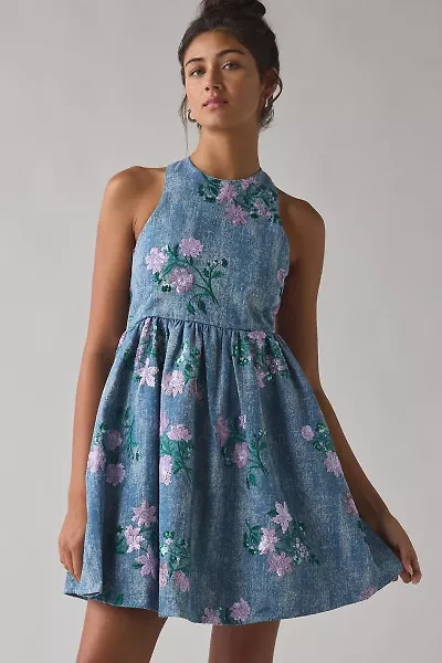 Sister Jane Azul Floral Sequin Embellished Denim Mini Dress