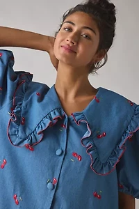 Sister Jane Lola Oversized Collar Cherry Embroidered Denim Mini Dress