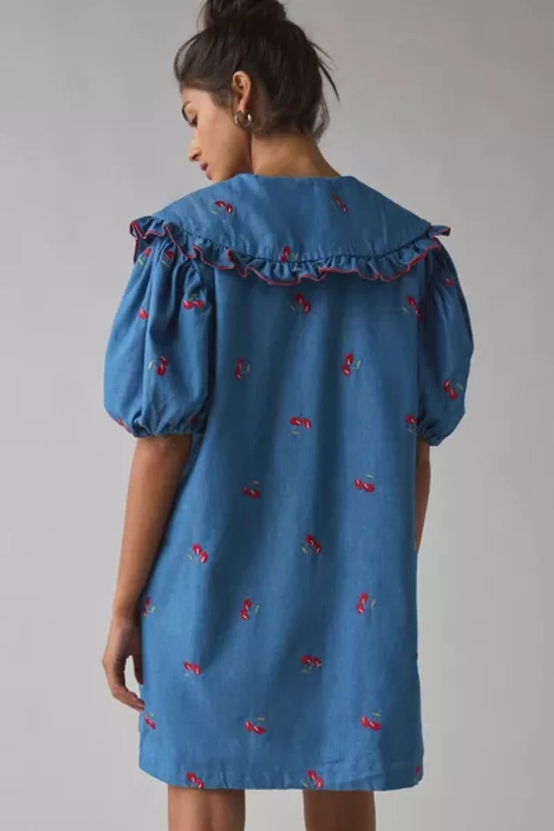 Sister Jane Lola Oversized Collar Cherry Embroidered Denim Mini Dress