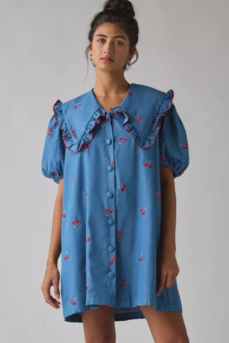 Sister Jane Lola Oversized Collar Cherry Embroidered Denim Mini Dress