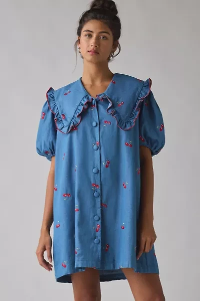 Sister Jane Lola Oversized Collar Cherry Embroidered Denim Mini Dress