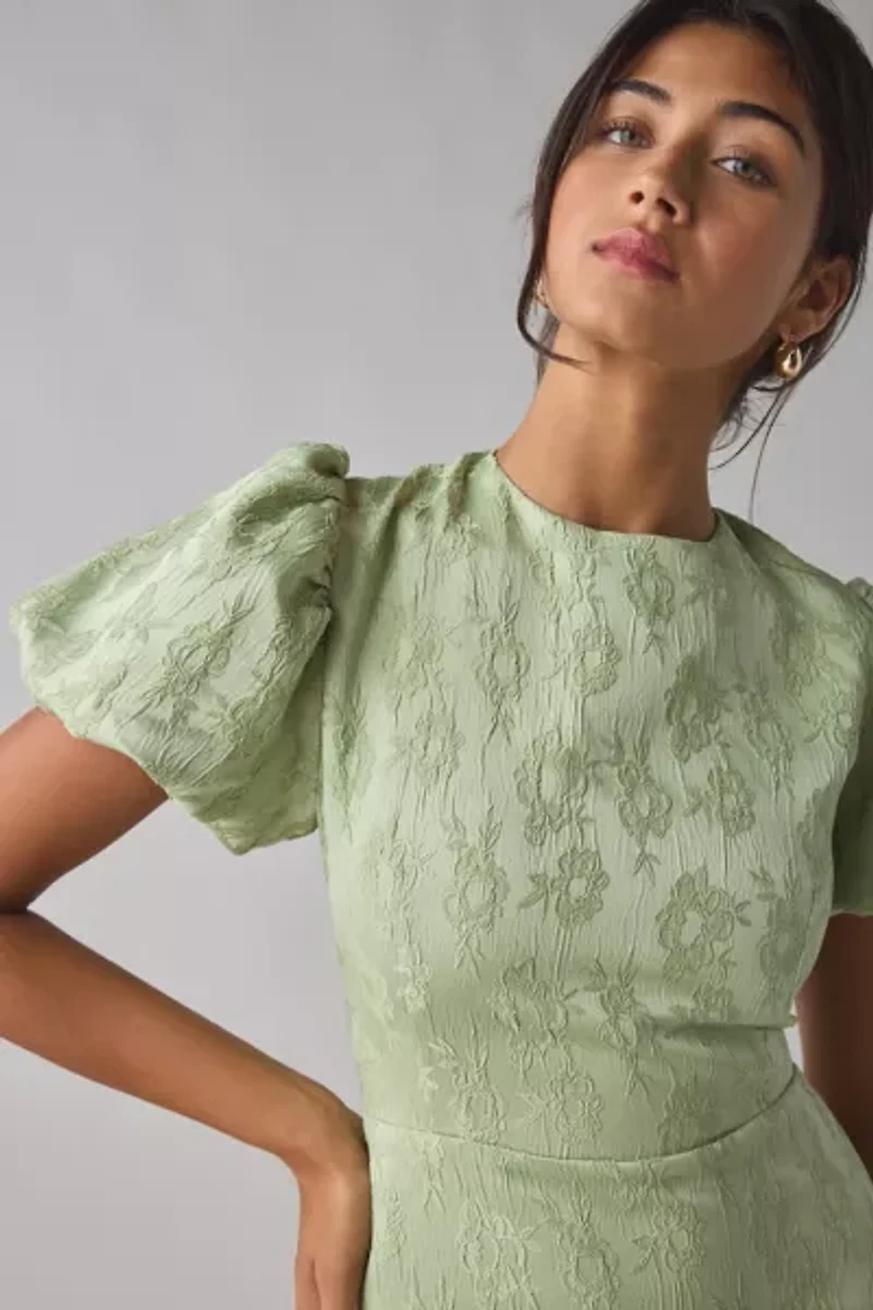 Sister Jane Olive Floral Jacquard Ruffle Puff Sleeve Midi Dress