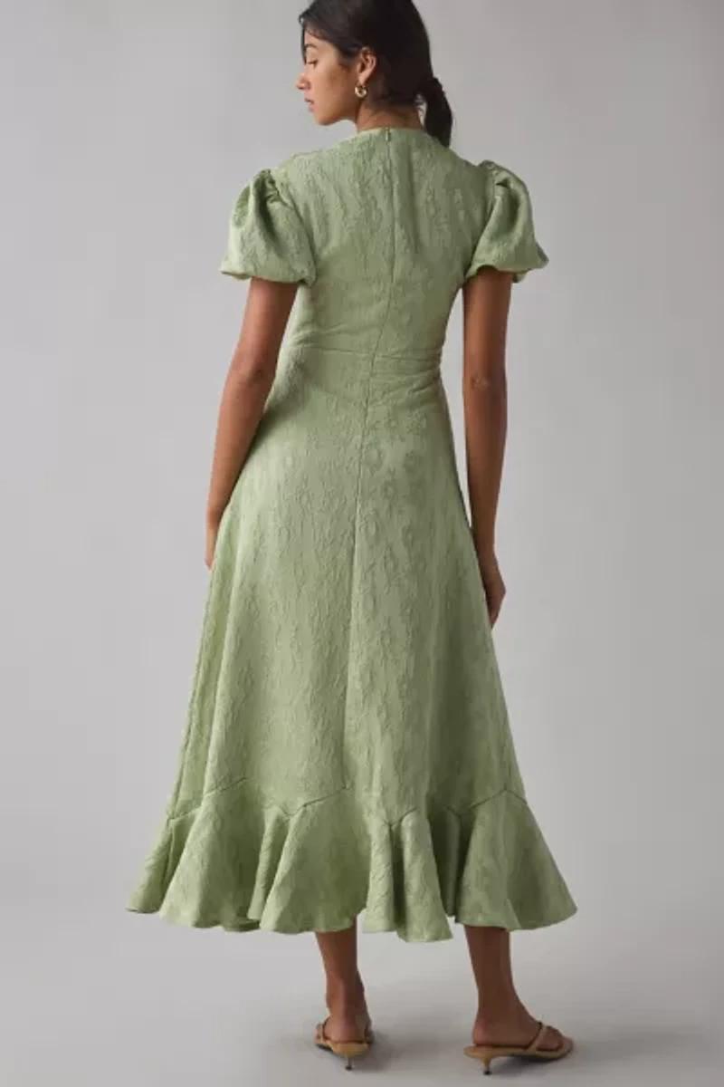 Sister Jane Olive Floral Jacquard Ruffle Puff Sleeve Midi Dress