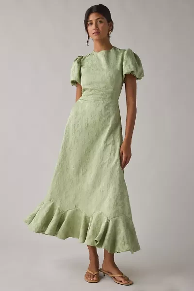 Sister Jane Olive Floral Jacquard Ruffle Puff Sleeve Midi Dress