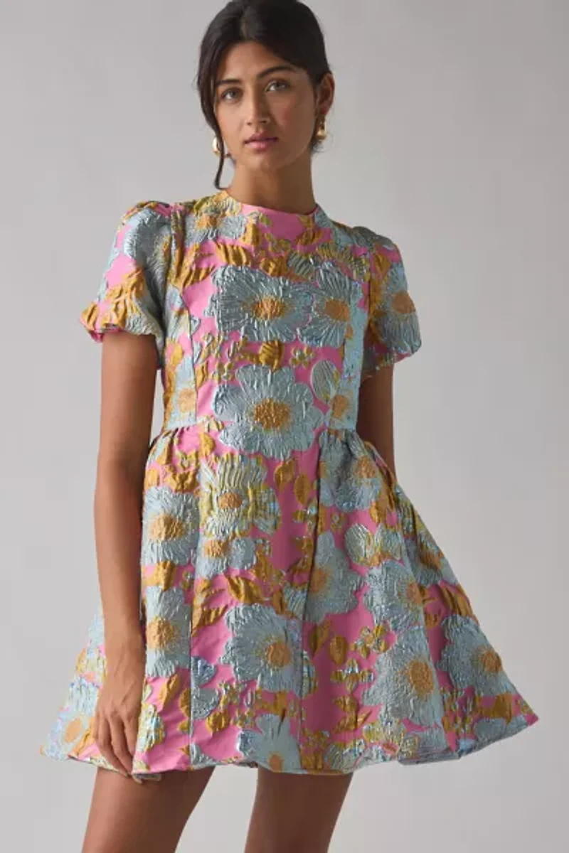 Sister Jane Alegria Floral Jacquard Puff Sleeve Babydoll Mini Dress
