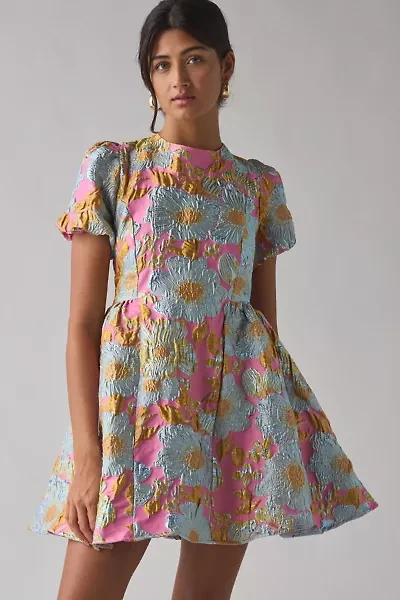 Sister Jane Alegria Floral Jacquard Puff Sleeve Babydoll Mini Dress