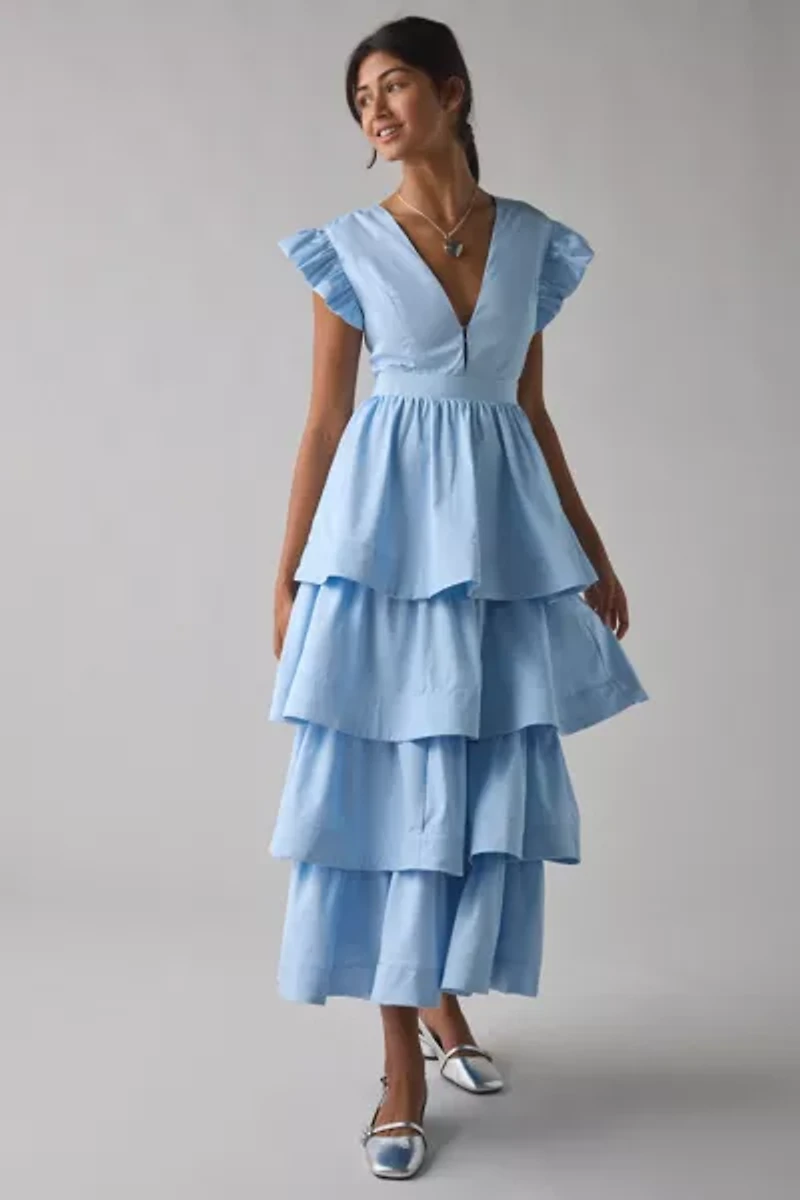 Sister Jane Feria Plunging Tiered Ruffle Midi Dress