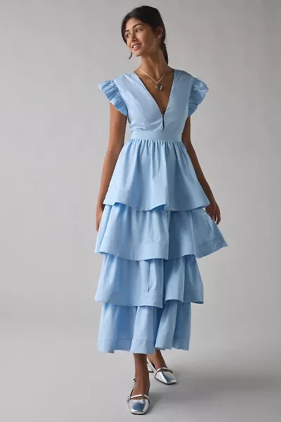 Sister Jane Feria Plunging Tiered Ruffle Midi Dress