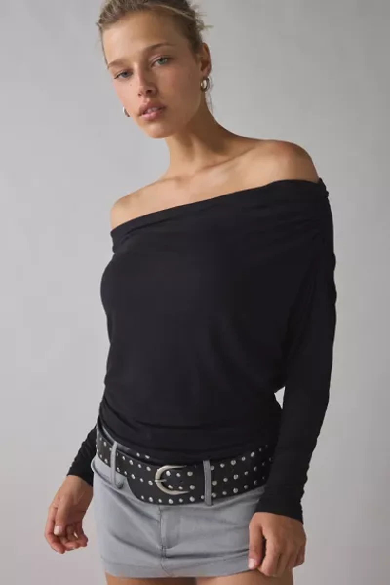 UO Elena Long Sleeve Ruched Off-The-Shoulder Top